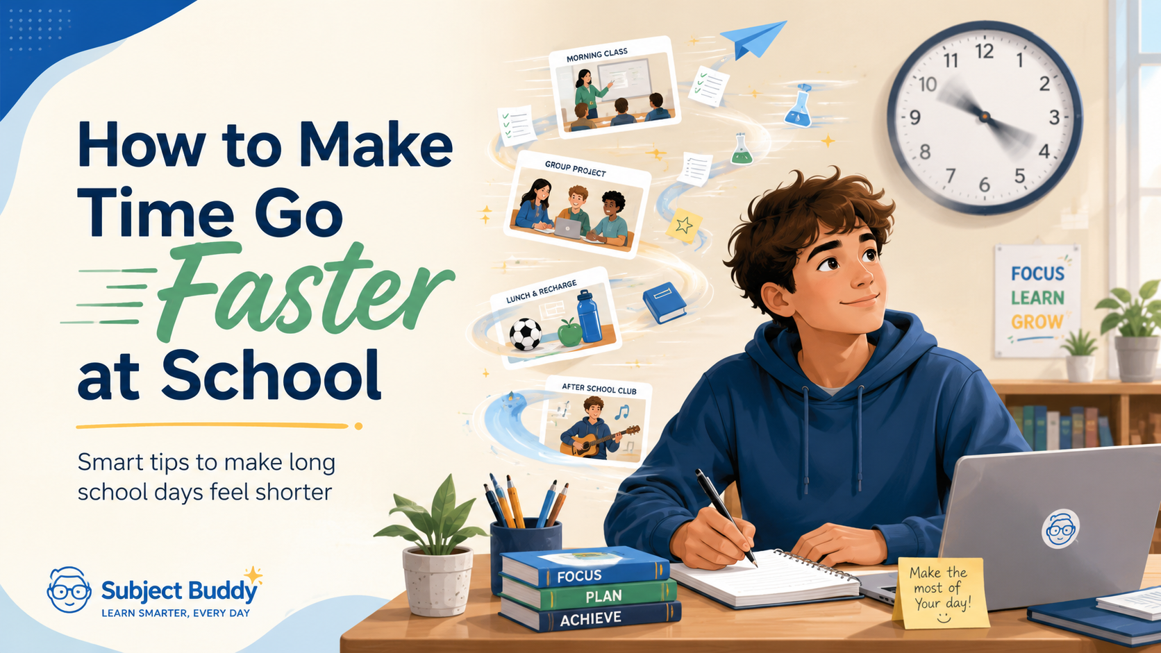 Illustrated student studying at a desk with a clock and tips about how to make time go faster at school.
